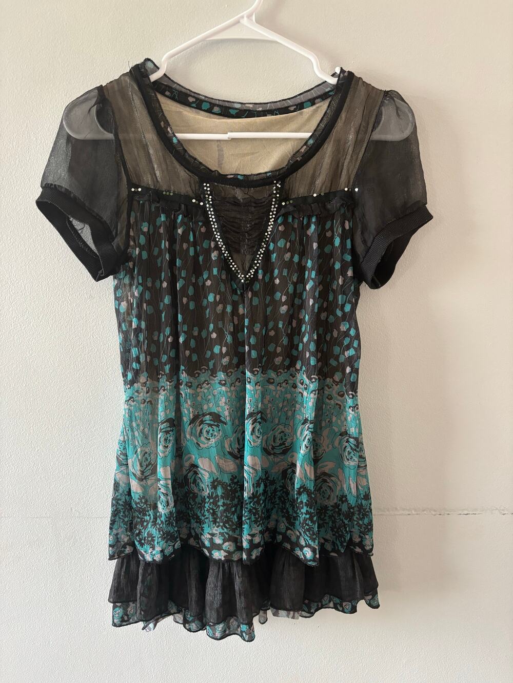 Womens Y2K Sheer Top Size Small Black Fairy Grunge Whimsigoth Boho Floral